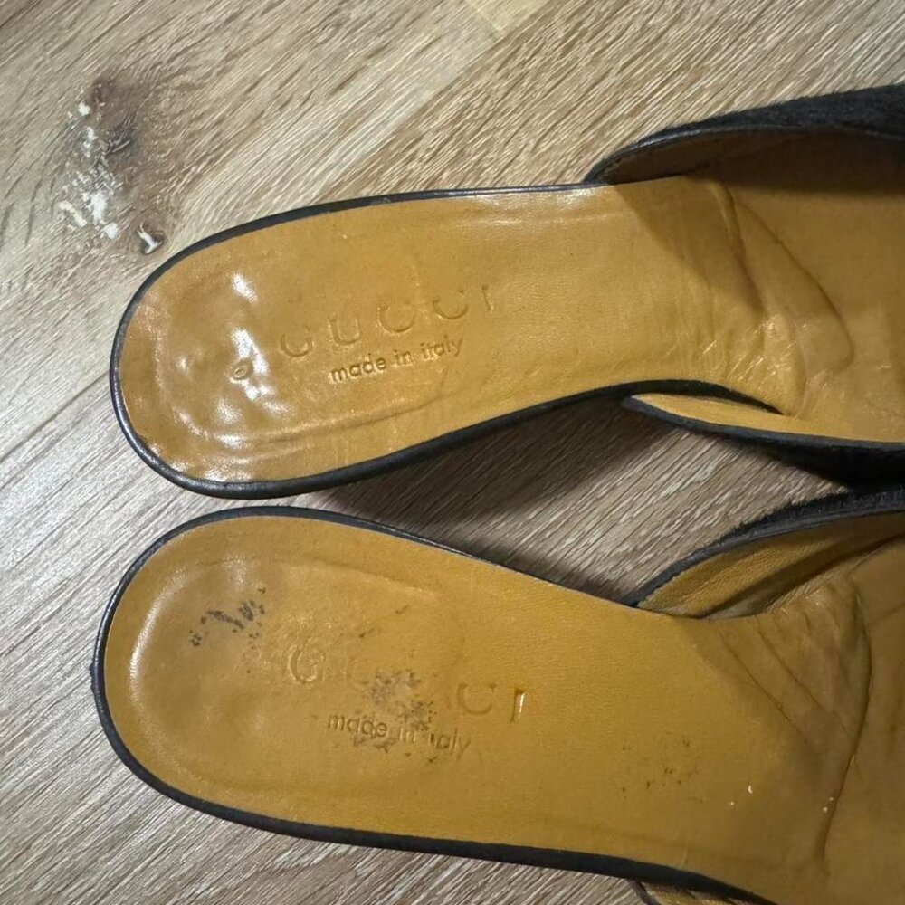 Vintage Gucci Pony Hair Black Buckle Kitten Botton toe square mule Size 35.5 - Picture 2 of 6